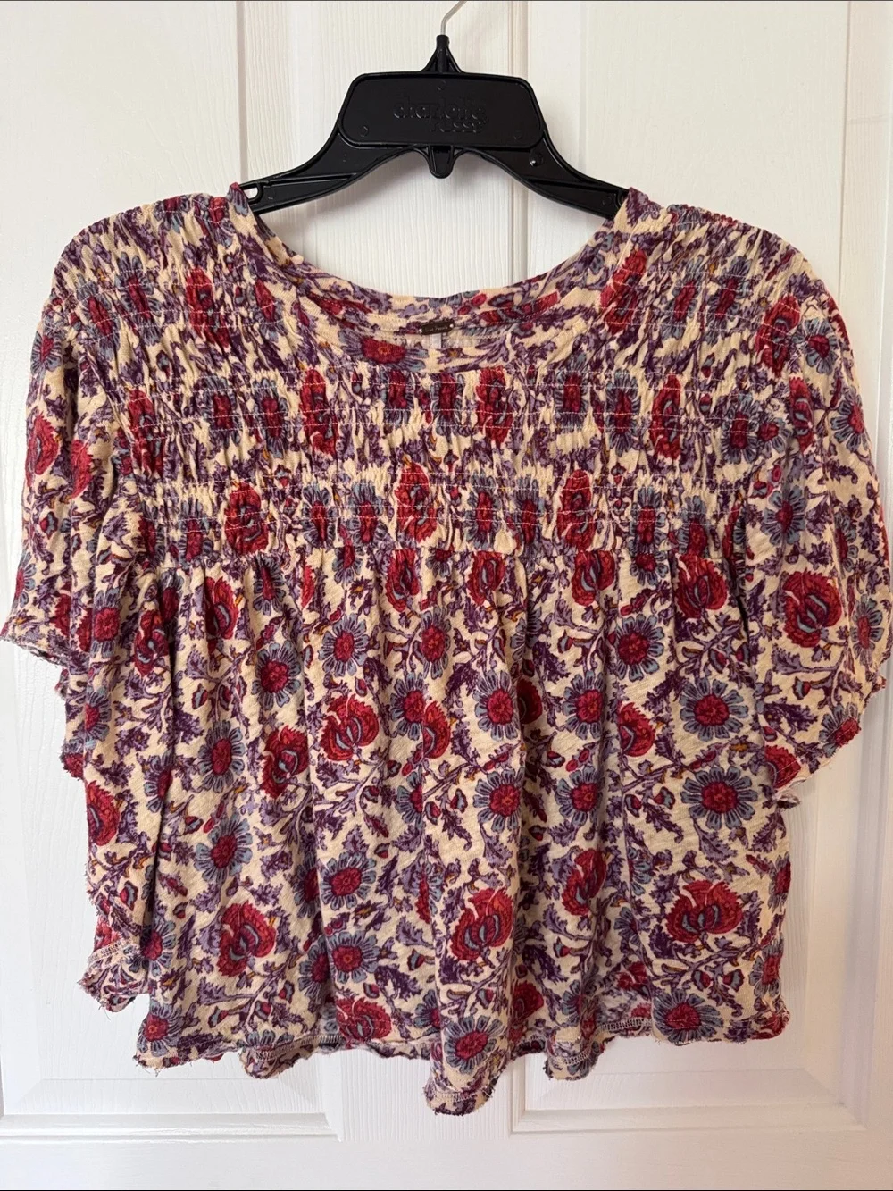 Free People Cream Smocked Crop Floral Blouse with Red, Blue, Purple Print